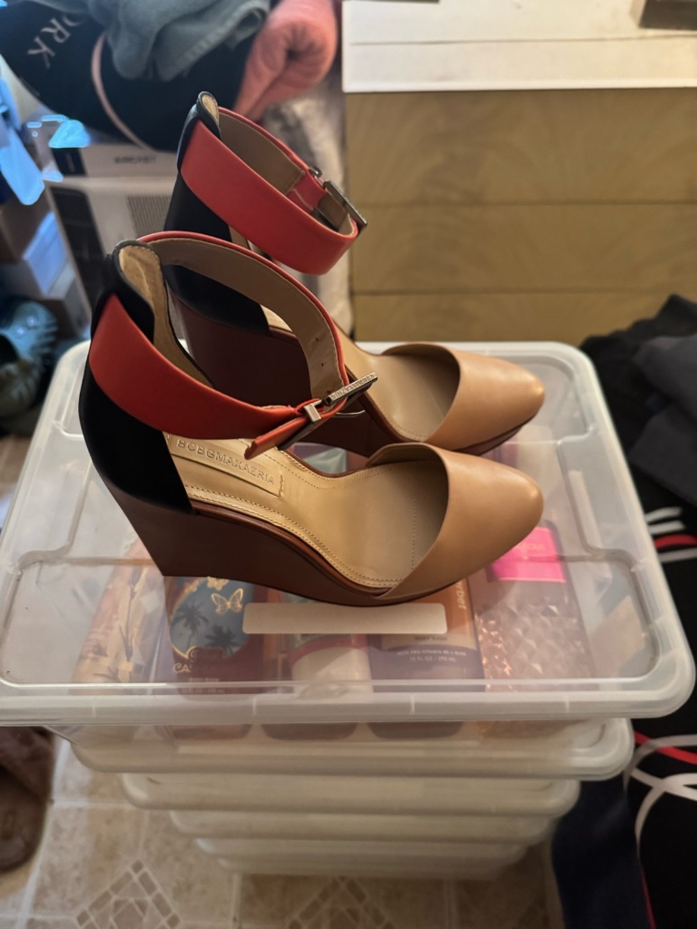 BCBGMaxAzria Tan, Coral and Black Ankle-Strap Wedge Heels